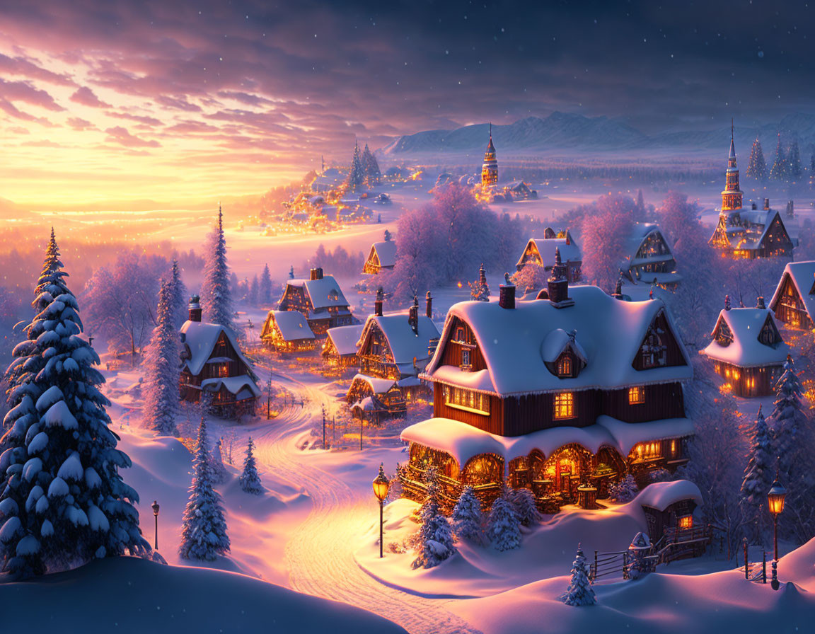 Snow-covered houses in serene winter dusk