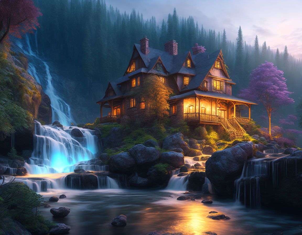 Enchanting Cottage on Waterfall in Twilight Forest