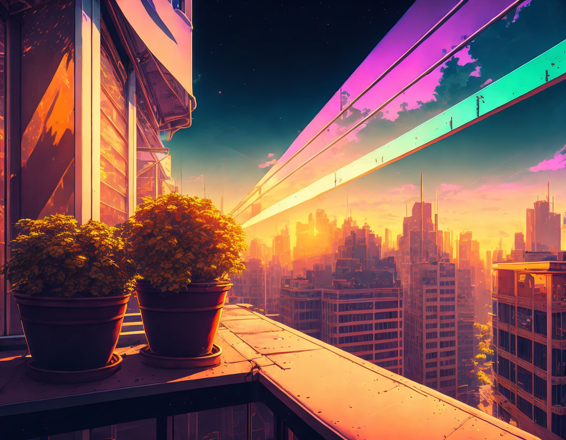 Futuristic cityscape at sunset with neon lights and skyscrapers from balcony