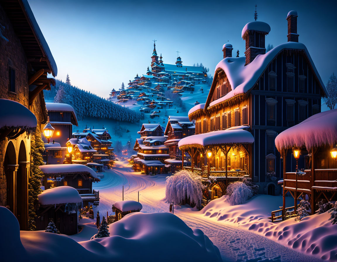 Snowy Twilight Village with Illuminated Buildings