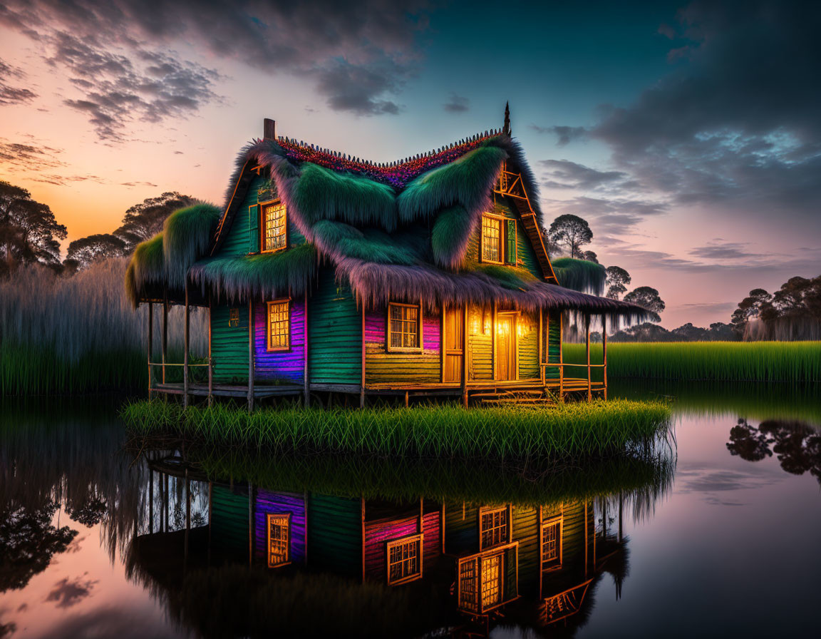 Colorful Wooden House with Thatched Roof Reflected in Twilight Waters