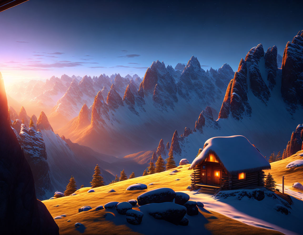 Snowy Peaks Sunset: Cozy Cabin Illuminated Among Vibrant Sky