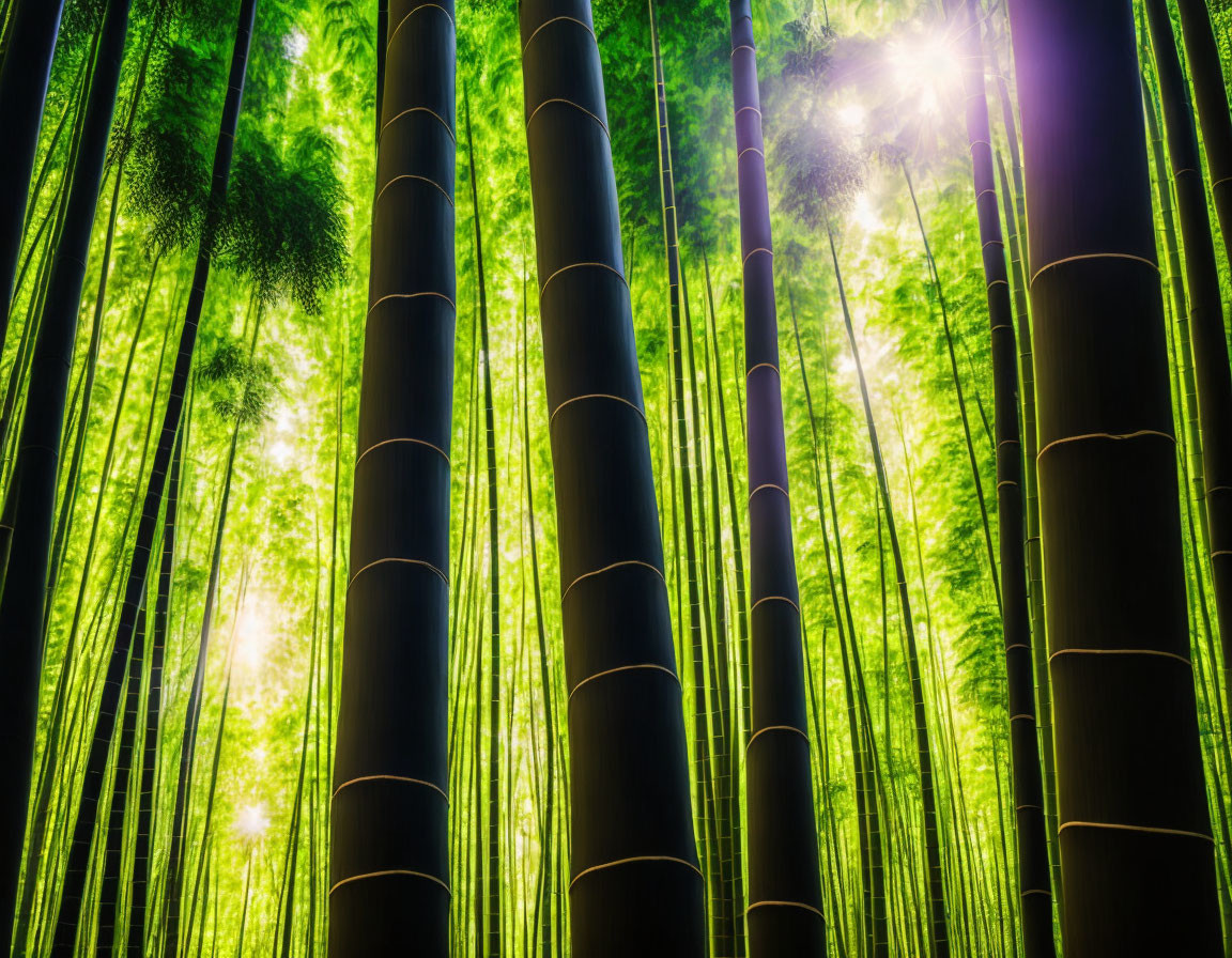 Serene bamboo forest with sunlight filtering through tall stems