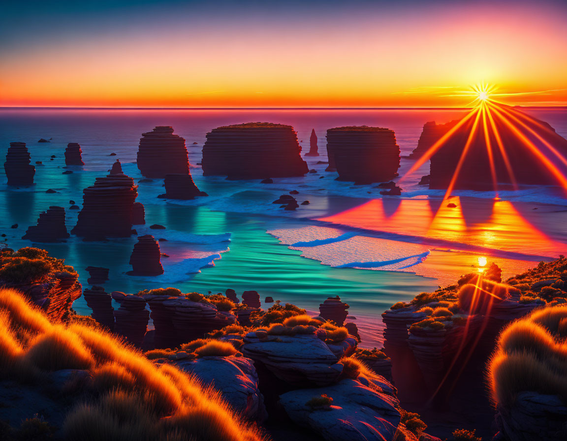 Vivid sunset over ocean with rock formations and silhouetted cliffs