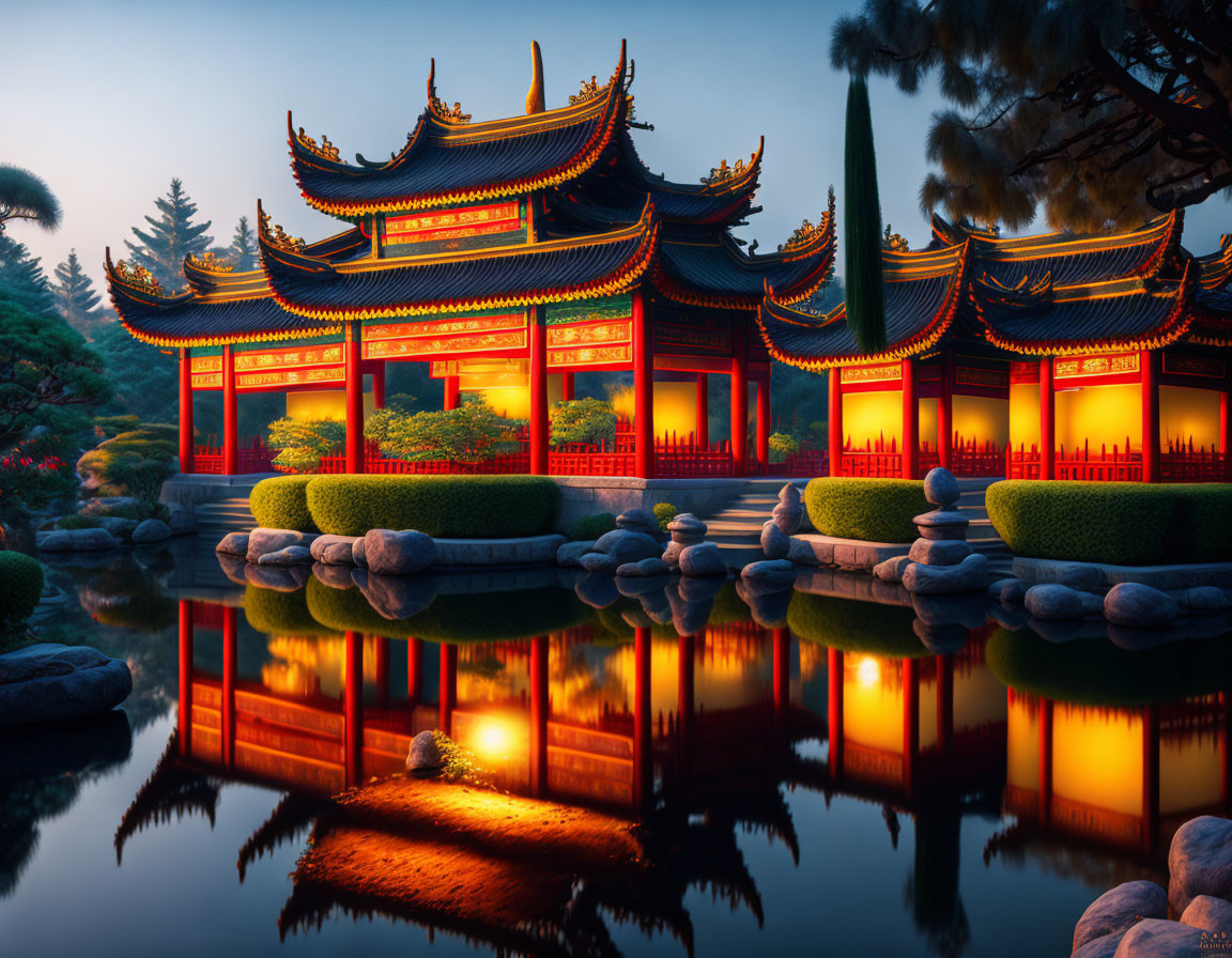 Tiered, tiled roofs of Traditional Chinese architecture at dusk by a calm pond