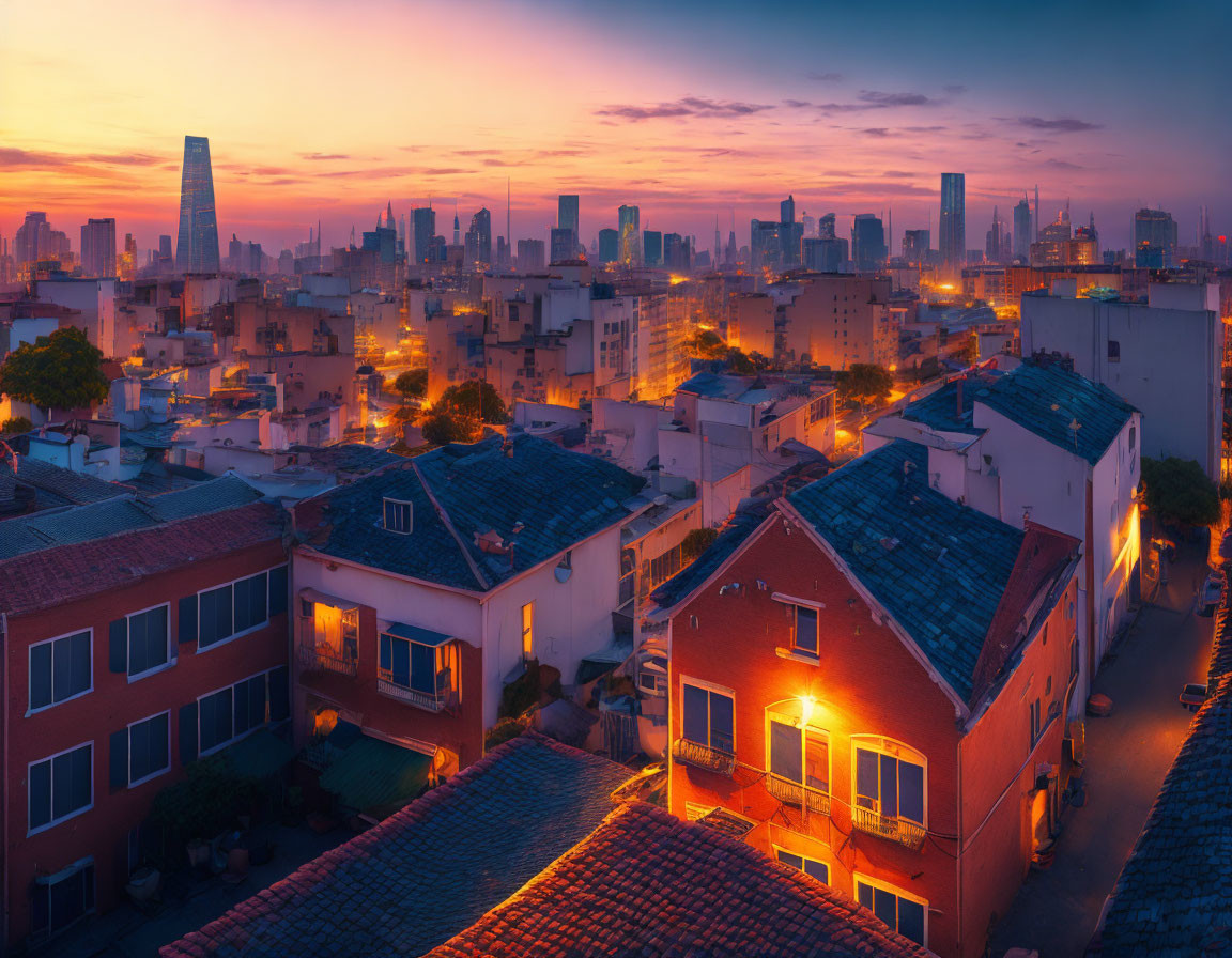 Cityscape panorama: traditional houses and modern skyscrapers at dusk