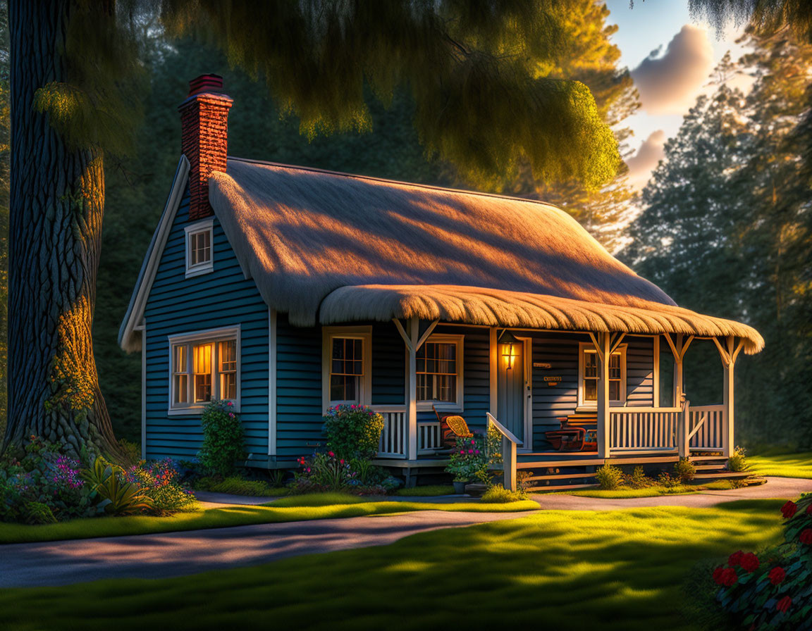 Thatched Roof Blue Cottage in Sunset Light