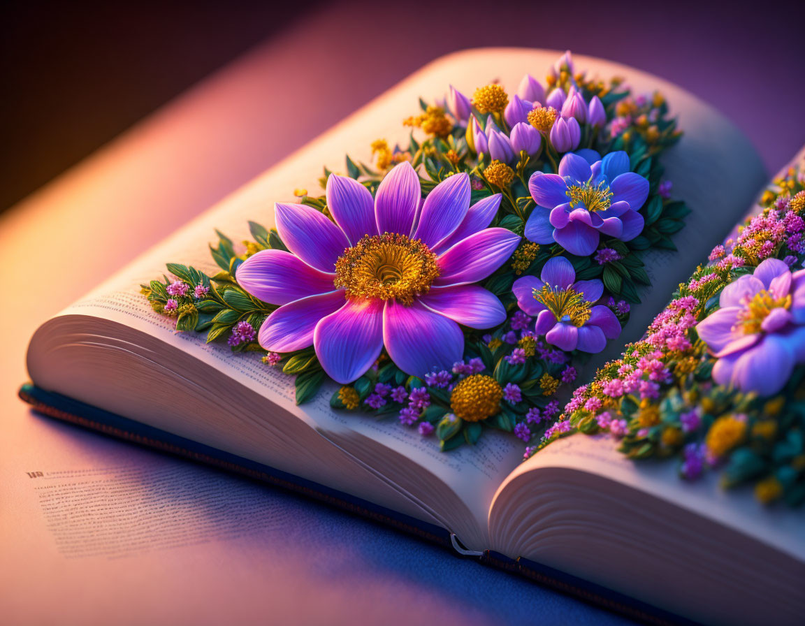 Vibrant purple and yellow flowers blooming from open book