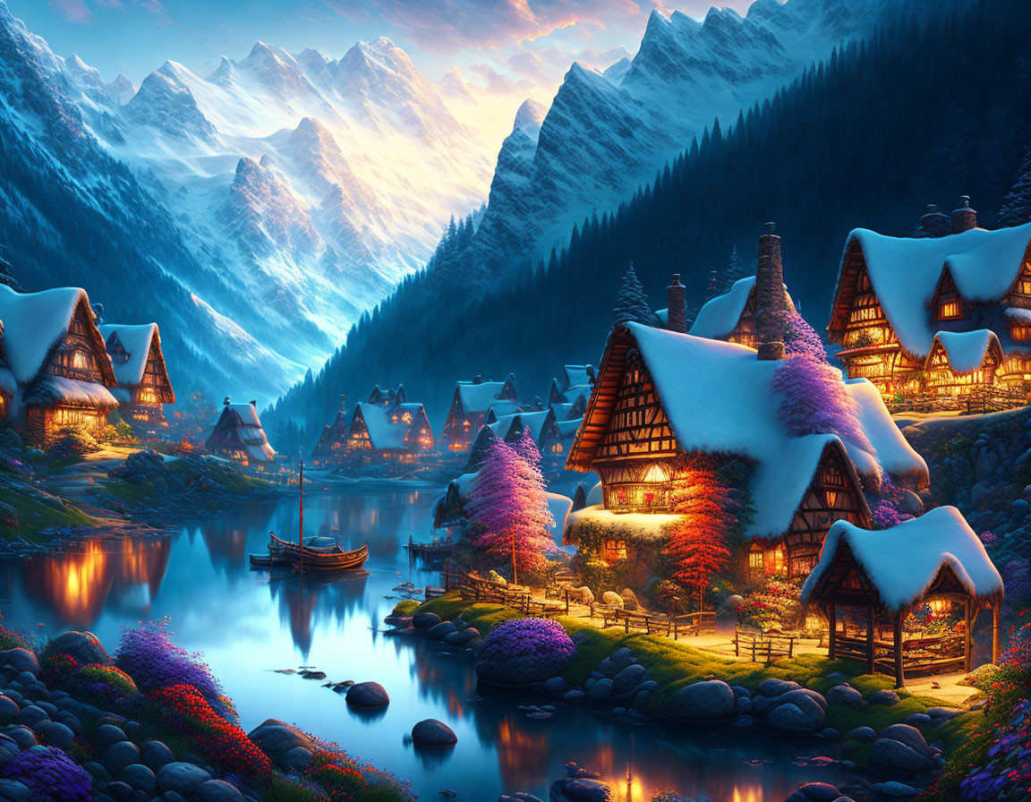 Snow-covered village by calm lake with colorful flora and snow-capped mountains at dusk