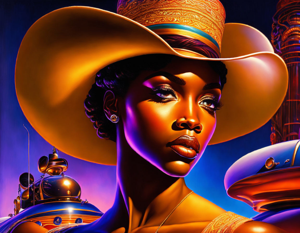 Colorful Artwork Featuring Woman with Golden Hat and Futuristic Background