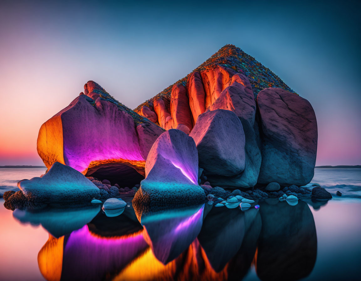 Twilight sky illuminates vibrant rock formations reflected in calm water