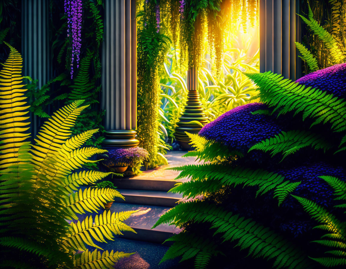 Tranquil garden pathway with ferns, purple flowers, and white columns