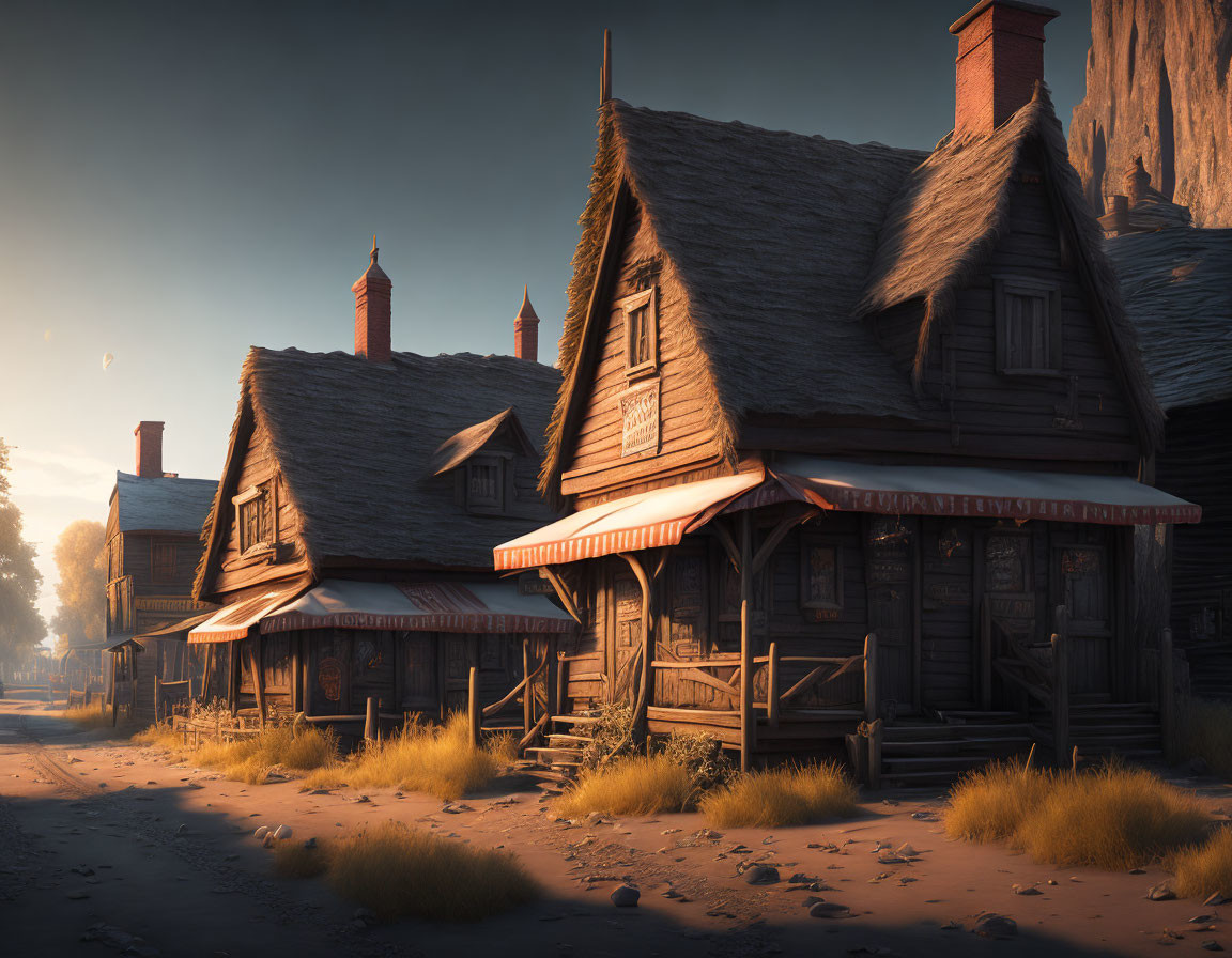 Quaint wooden buildings on old-fashioned street in warm sunlight