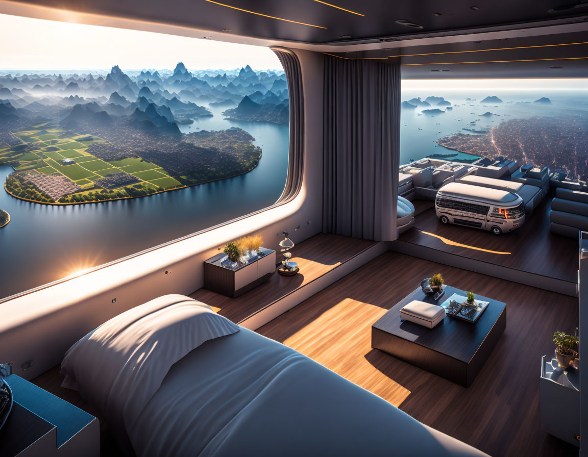 Futuristic room with panoramic windows overlooking scenic landscape