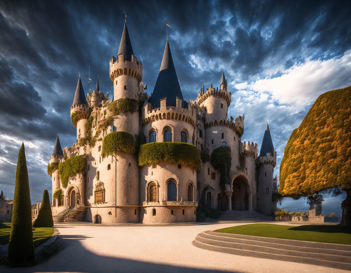 Majestic castle with spires in landscaped gardens