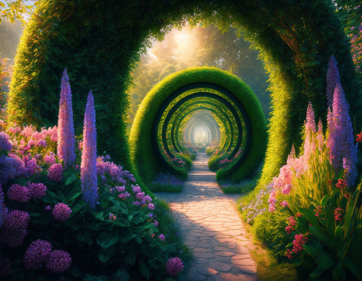 Vibrant flower-lined garden path with consecutive arches under warm sunlight