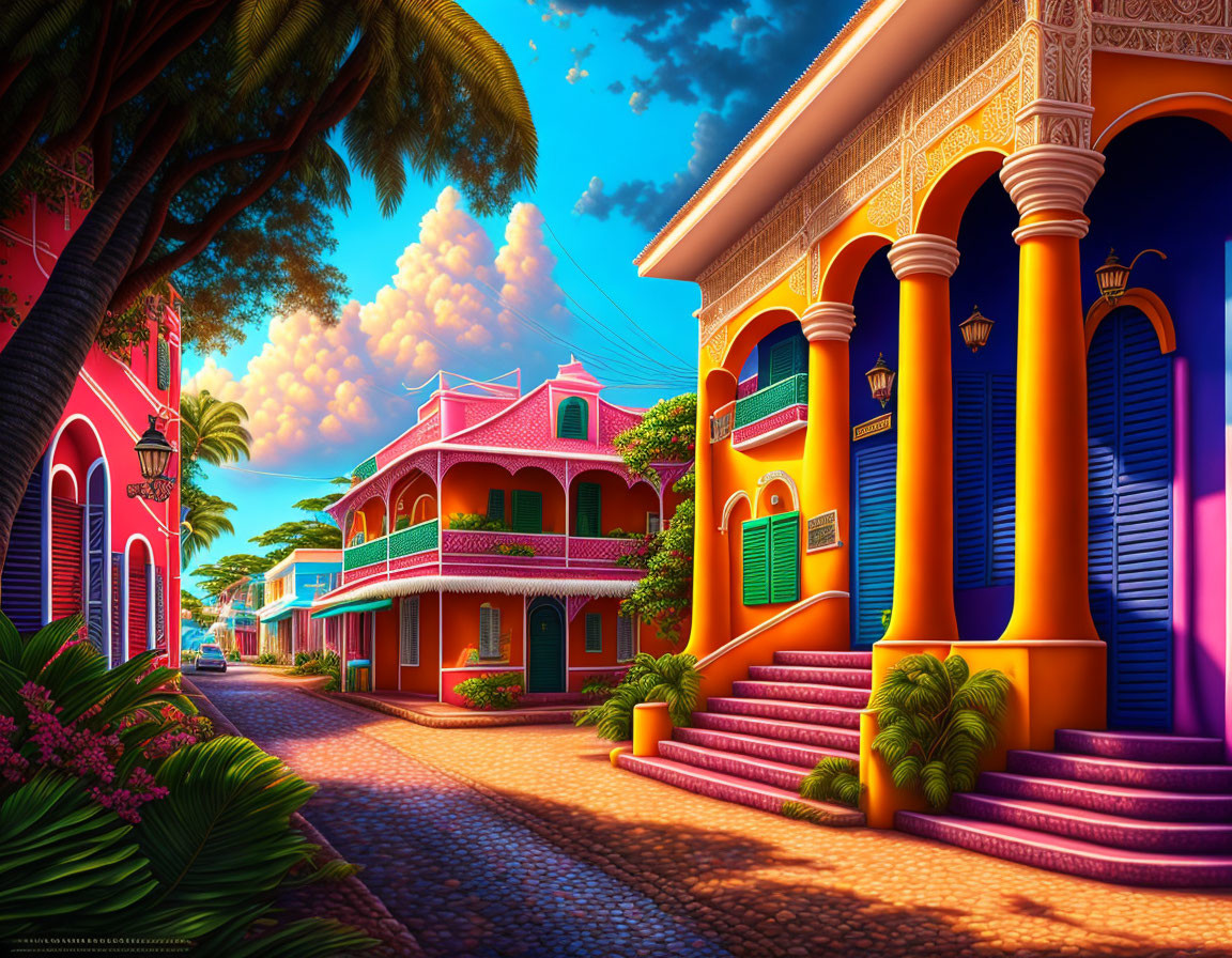 Colorful Colonial-Style Buildings in Vibrant Street Scene