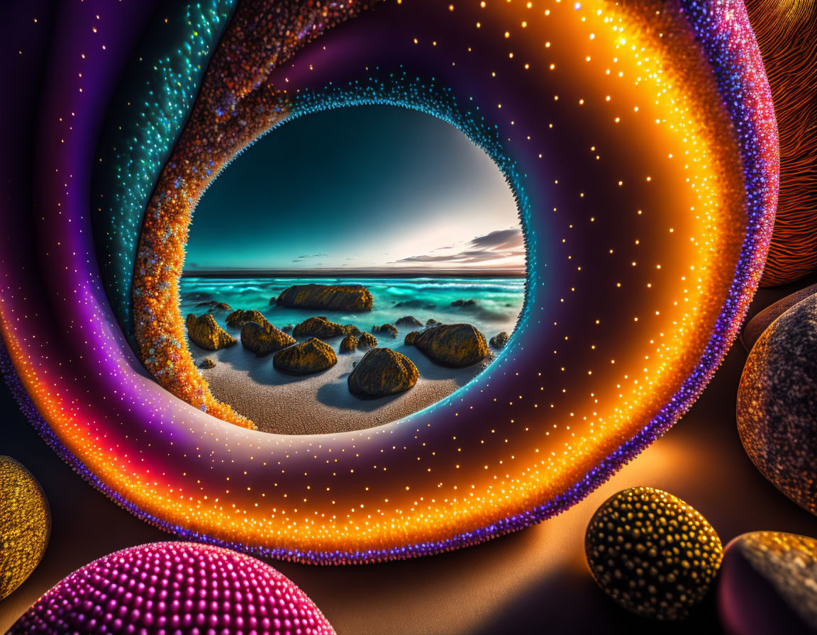 Surreal portal on beach with colorful orbs at sunset