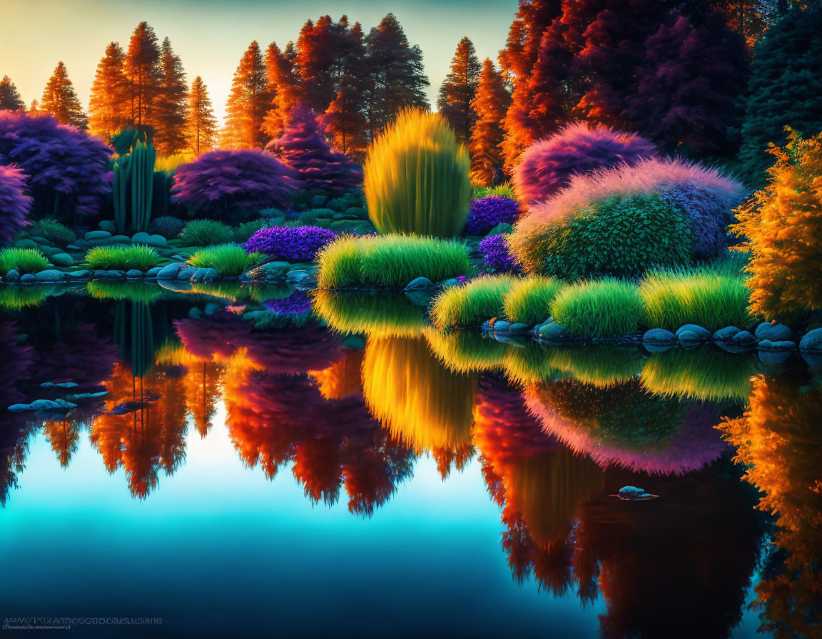 Tranquil twilight scene: colorful trees and bushes mirrored in calm lake