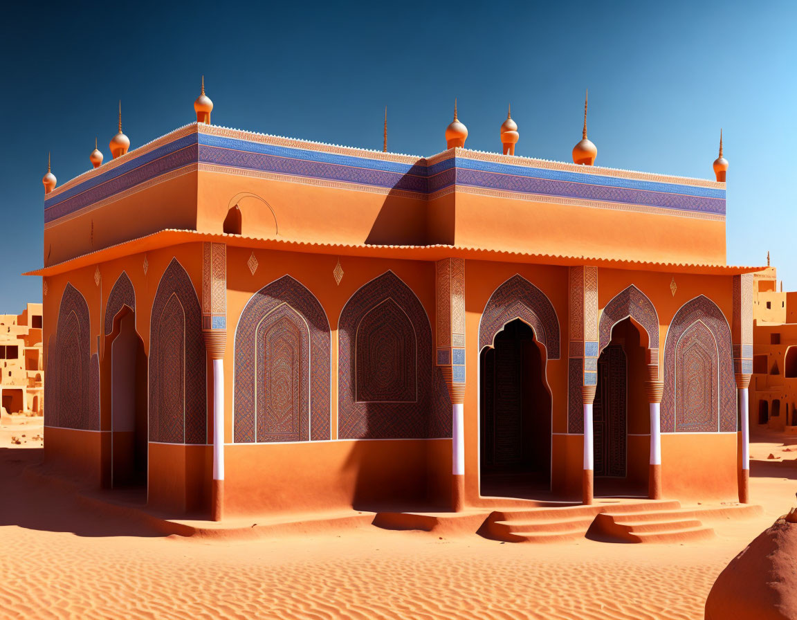 Islamic architecture: Arched doorways, domes, minarets under clear sky