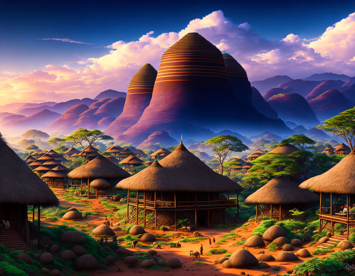 Scenic village with thatched-roof huts in lush hills at sunrise or sunset