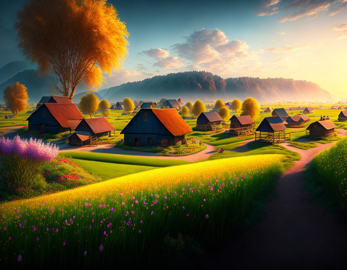 Rustic houses in picturesque village with flower fields at sunset