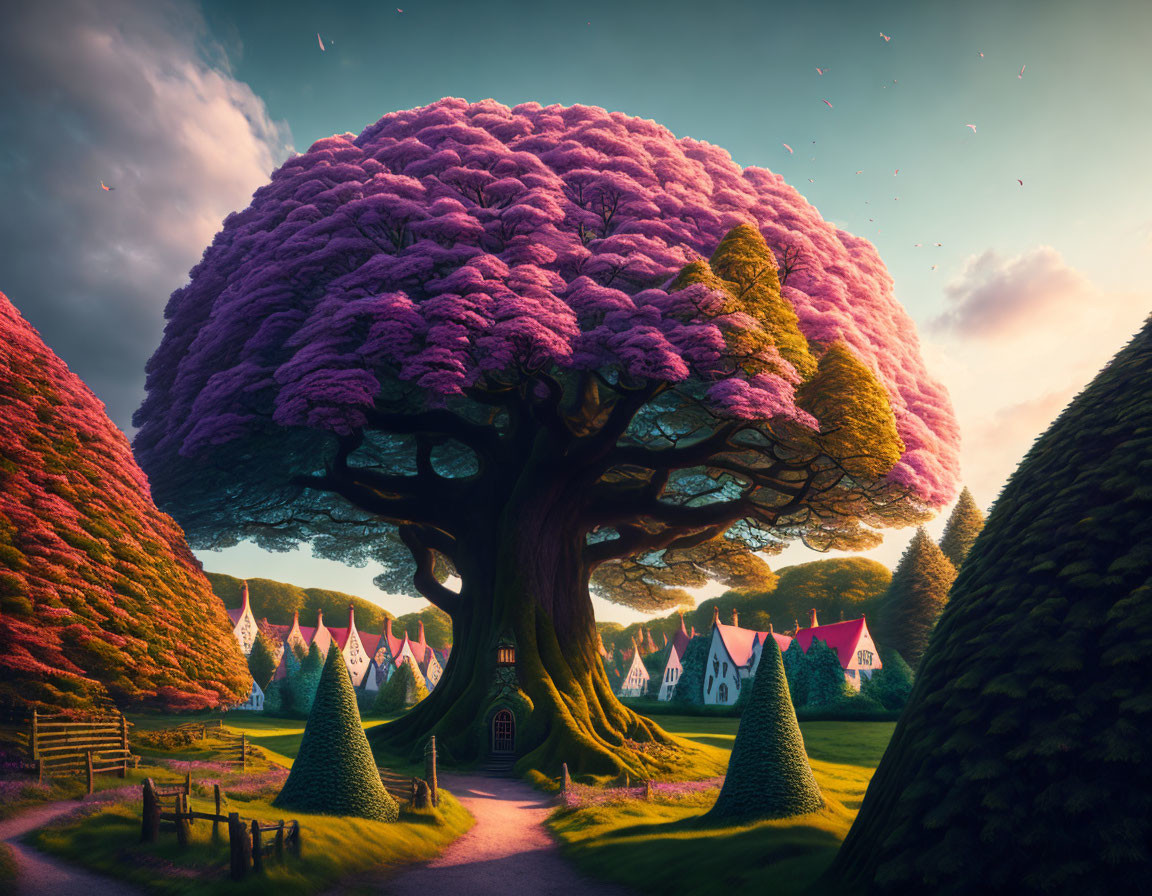 Fantasy landscape with colossal purple tree and whimsical greenery