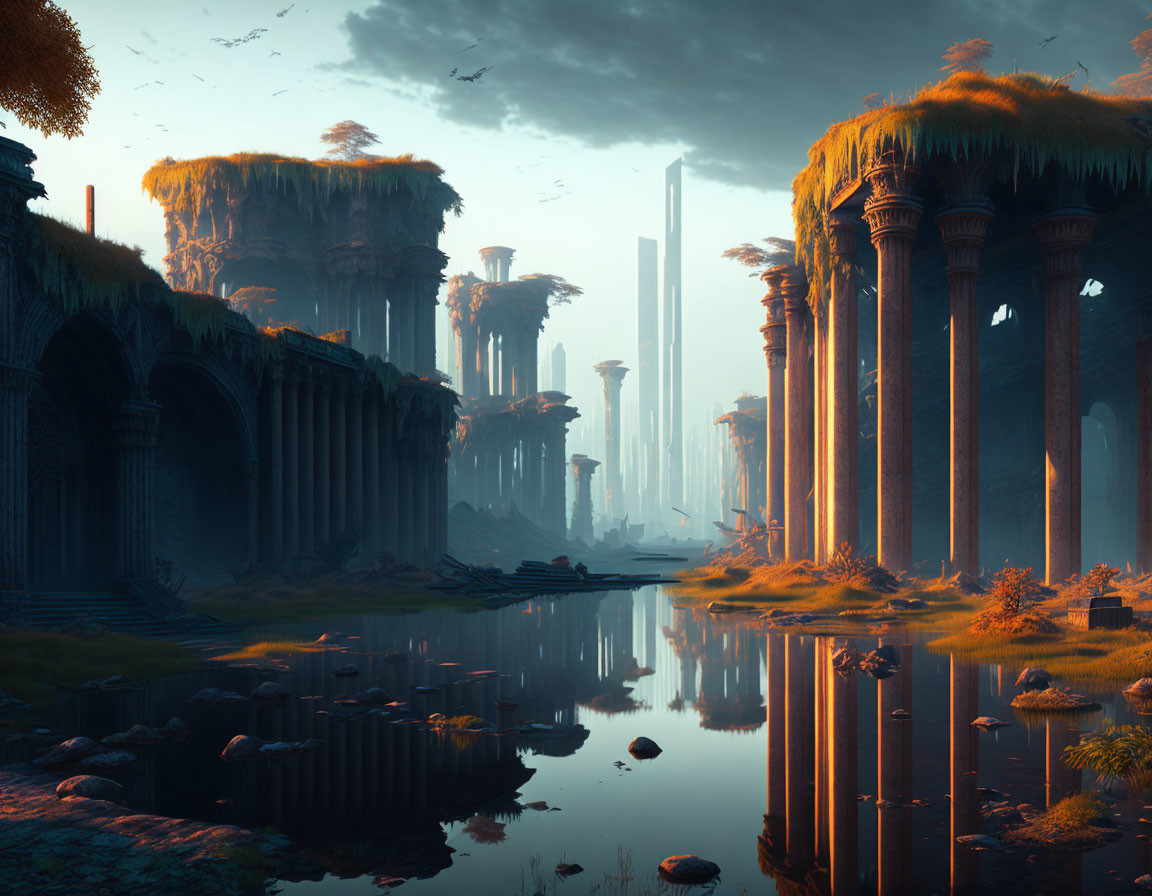 Ancient ruins and reflective water in mystical landscape