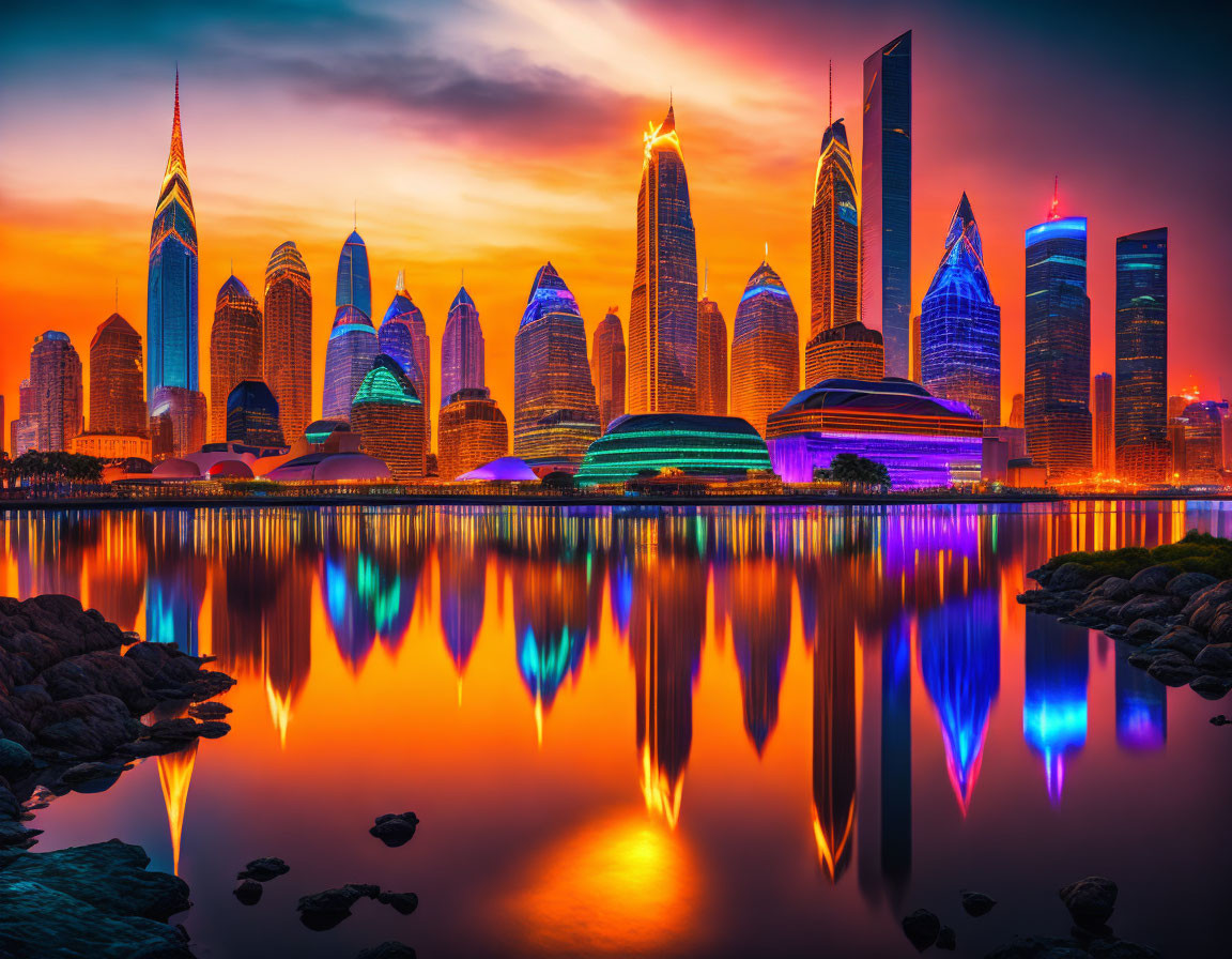 Colorful illuminated city skyline at dusk with modern skyscrapers and reflections on water