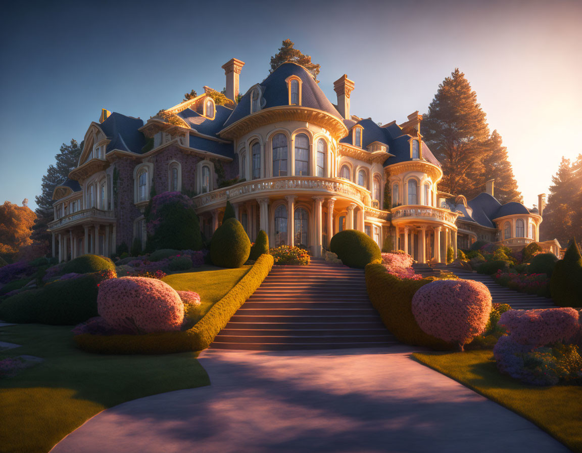 Stunning Victorian mansion with gables, staircase, gardens, and topiaries at sunset