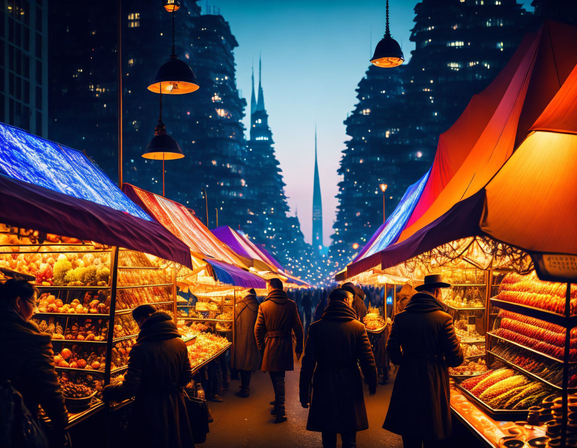 Vibrant evening market with colorful lit stalls against urban skyscraper backdrop