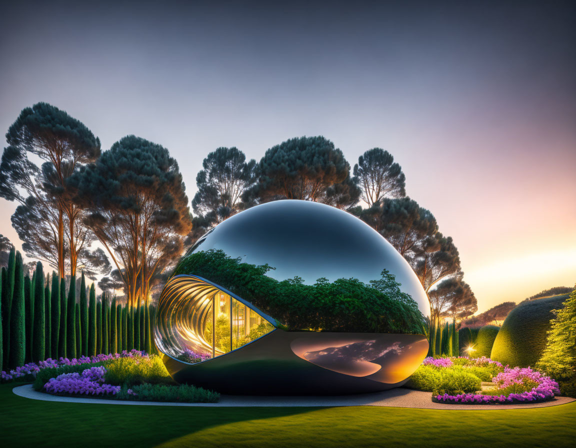 Futuristic spherical structure in vibrant garden under dramatic sunset sky