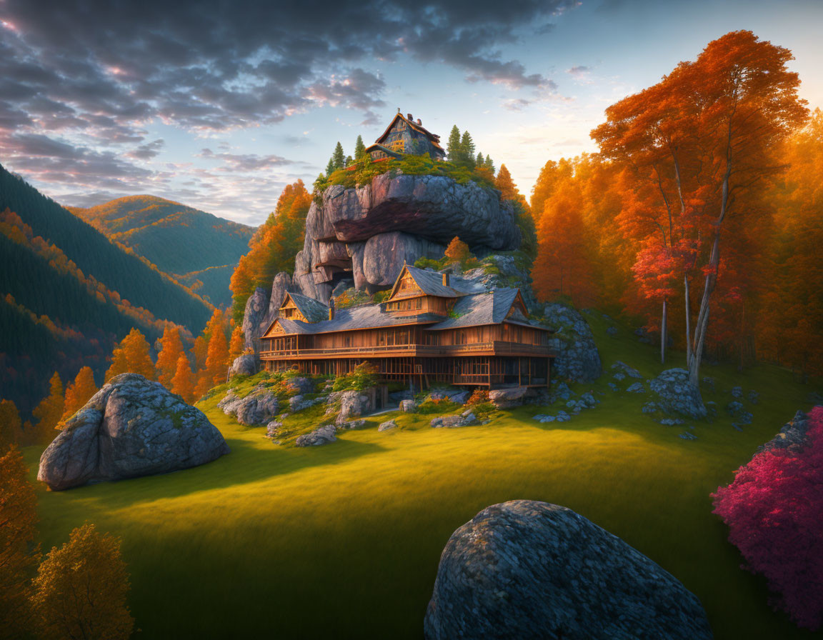 Fantastical house on massive rock in autumn forest.