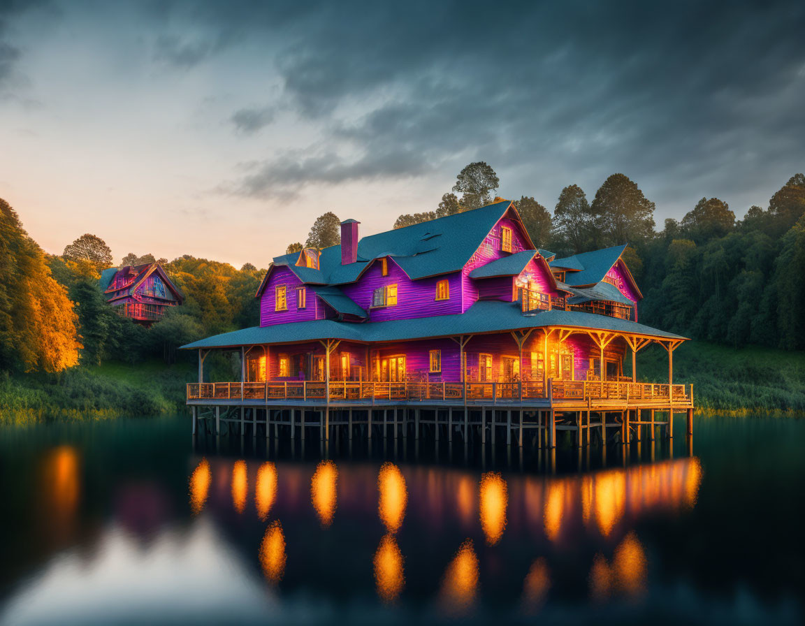 Vibrant purple house on pier over calm lake at sunset