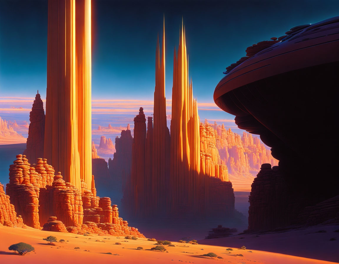 Sci-fi desert landscape with towering rock formations and futuristic spaceship