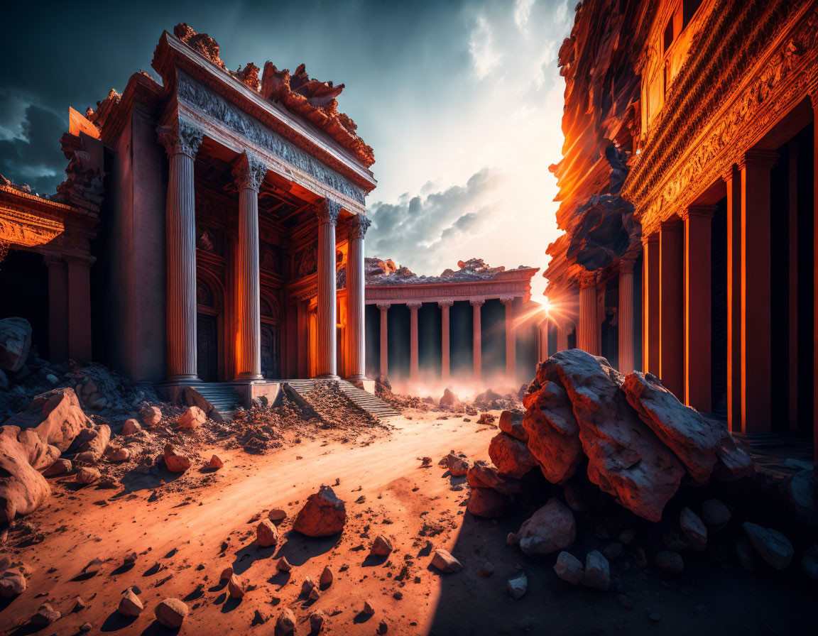 Ancient ruins with columns and dramatic sky casting shadows