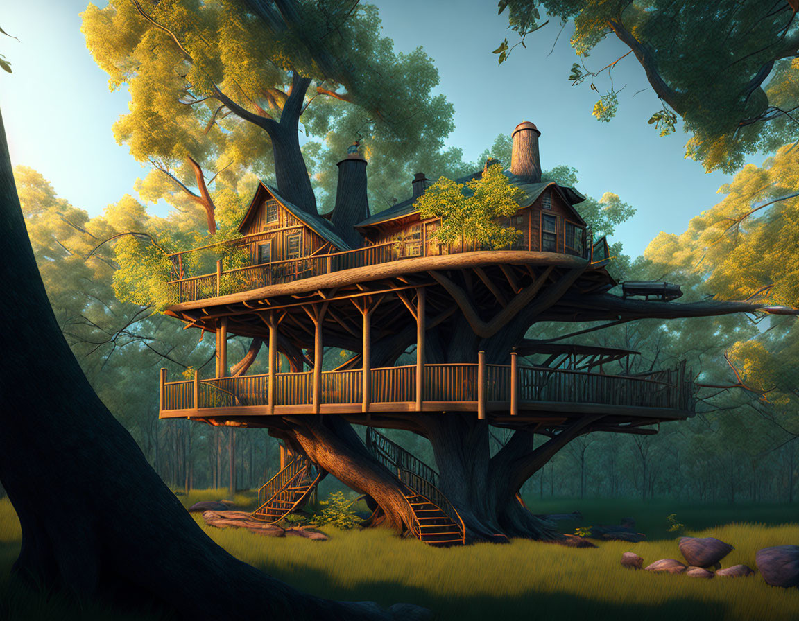 Wooden multi-level treehouse in serene forest at dusk