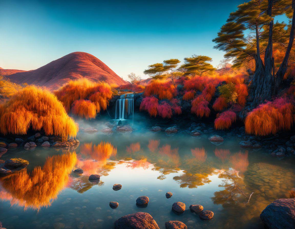 Scenic autumn landscape with waterfall, colorful foliage, calm lake, and hills under blue sky