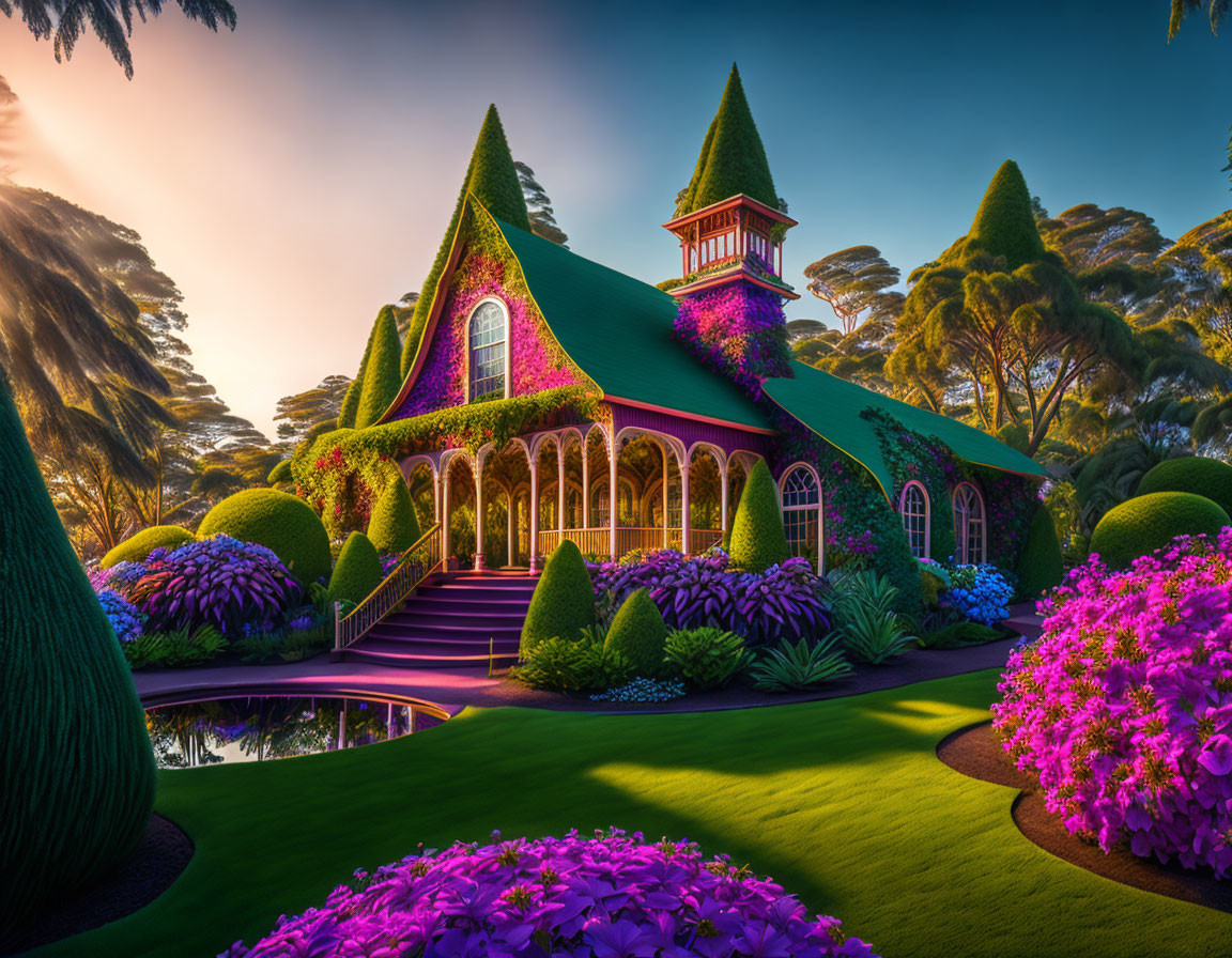 Lush Green Garden Surrounds Colorful Flower-Covered House