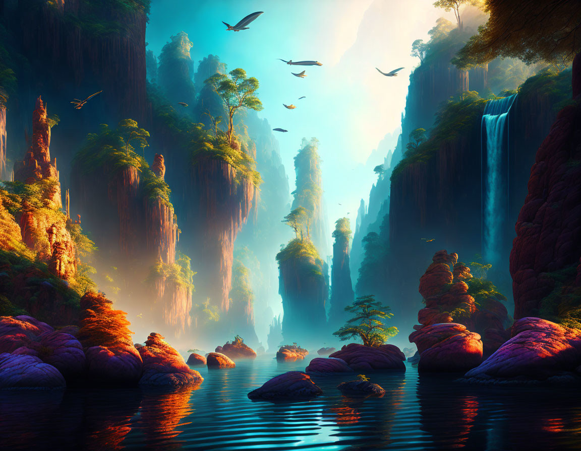 Tranquil fantasy landscape with cliffs, lake, waterfall, and birds