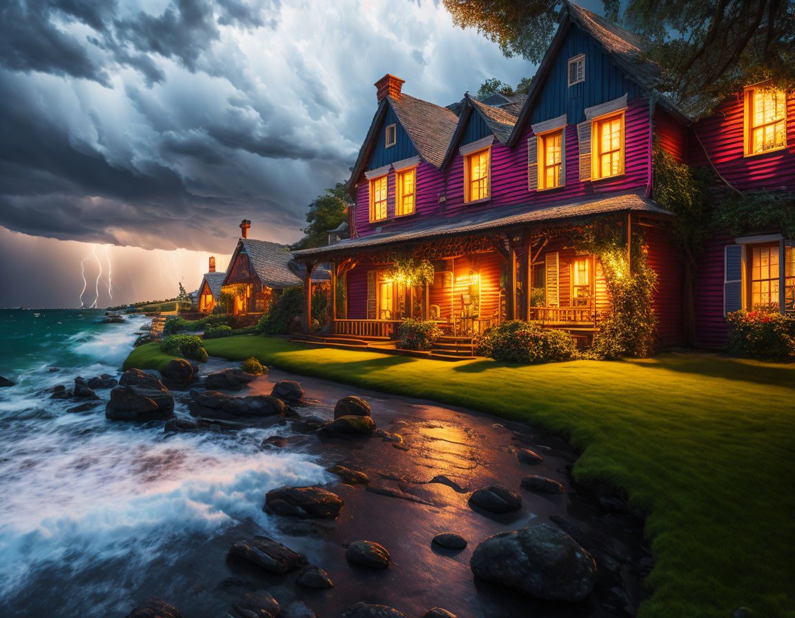 Stormy Sea Cottage with Lit Windows and Lightning