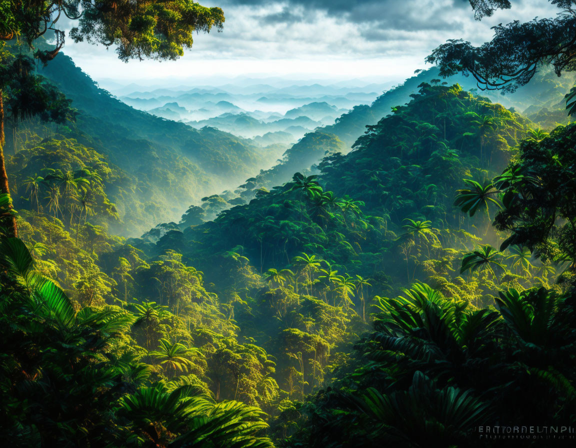 Misty rainforest with green hills and sunlight piercing through canopy