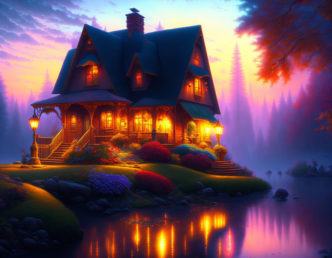 Enchanting cottage with glowing lights on tranquil lake at twilight