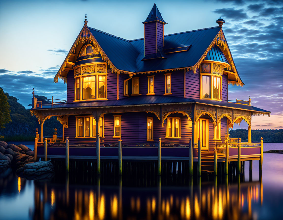 Purple Stilt House with Elaborate Woodwork Over Tranquil Waters