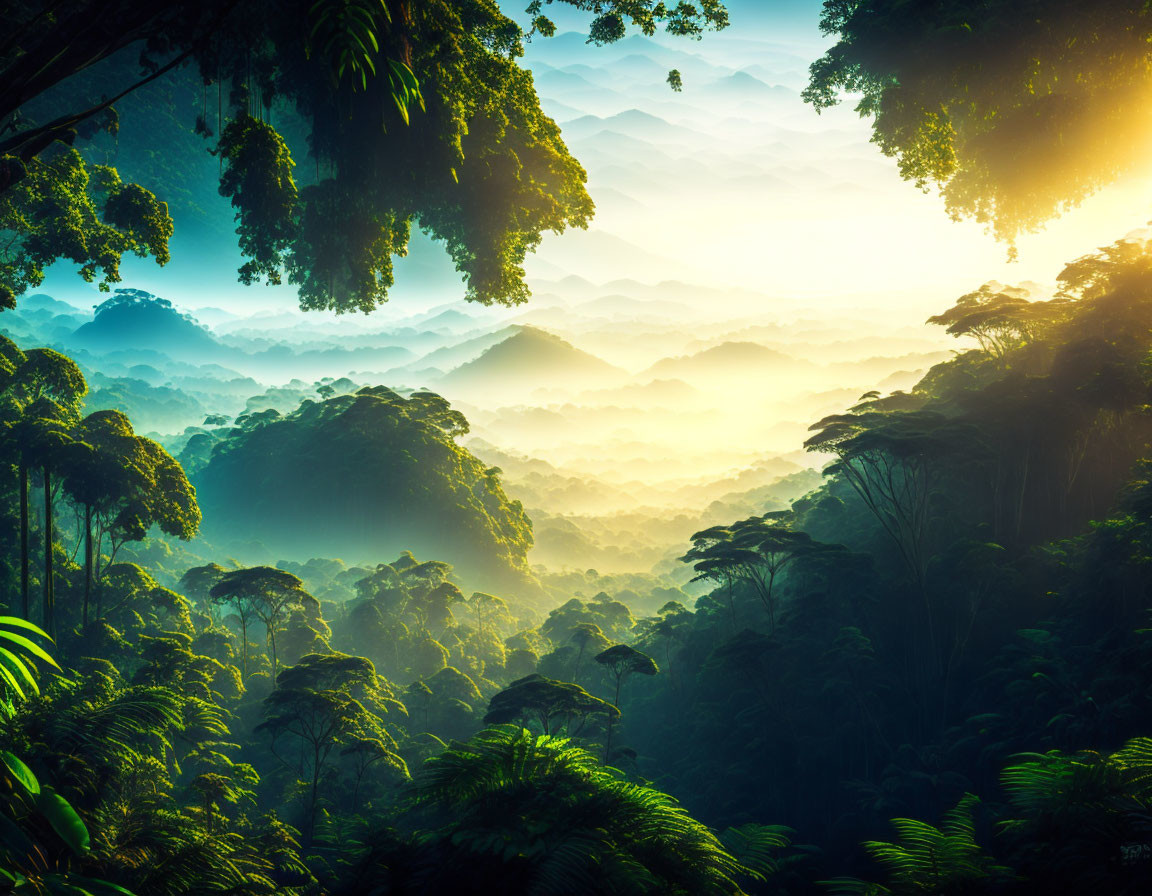 Lush Rainforest with Misty Mountain Silhouettes at Sunrise