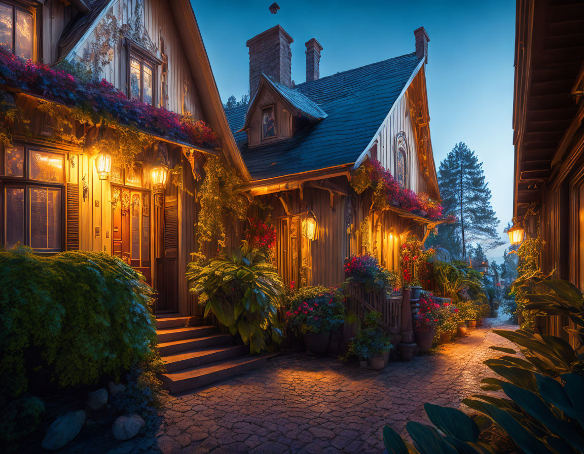 Twilight scene of charming house with warm lighting and vibrant flowers