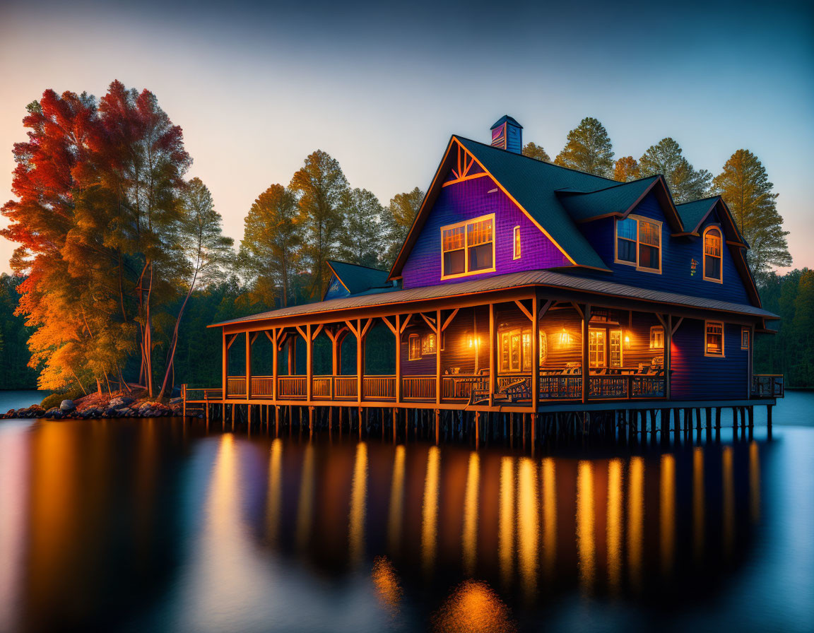 Serene Lakeside Cabin at Dusk with Autumn Tree Reflections