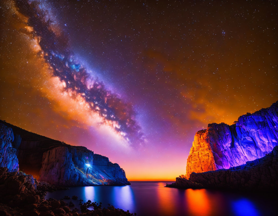 Vibrant night sky over coastal scene with galaxy arm, orange horizon, illuminated cliffs