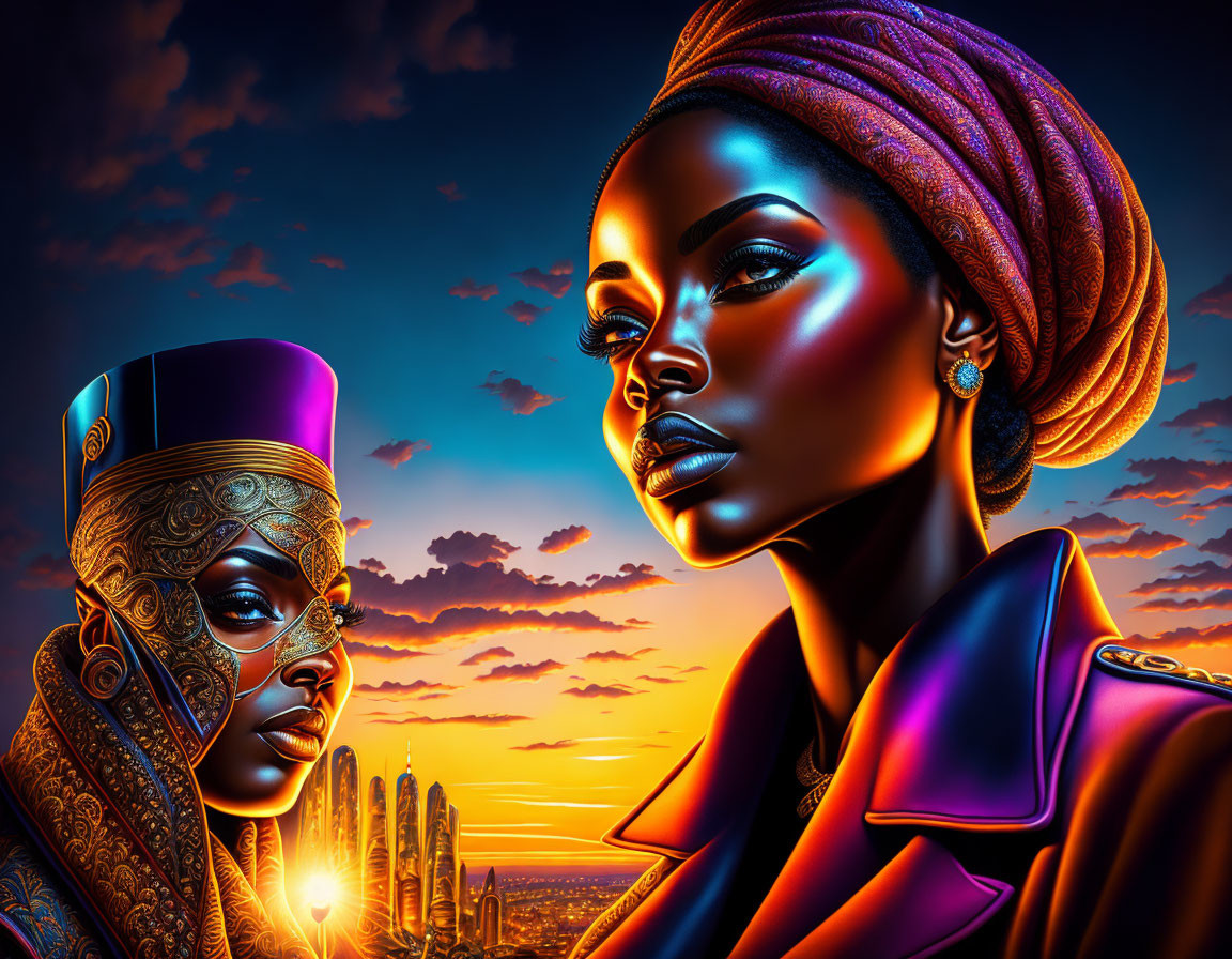 Stylized African women in traditional attire at sunset