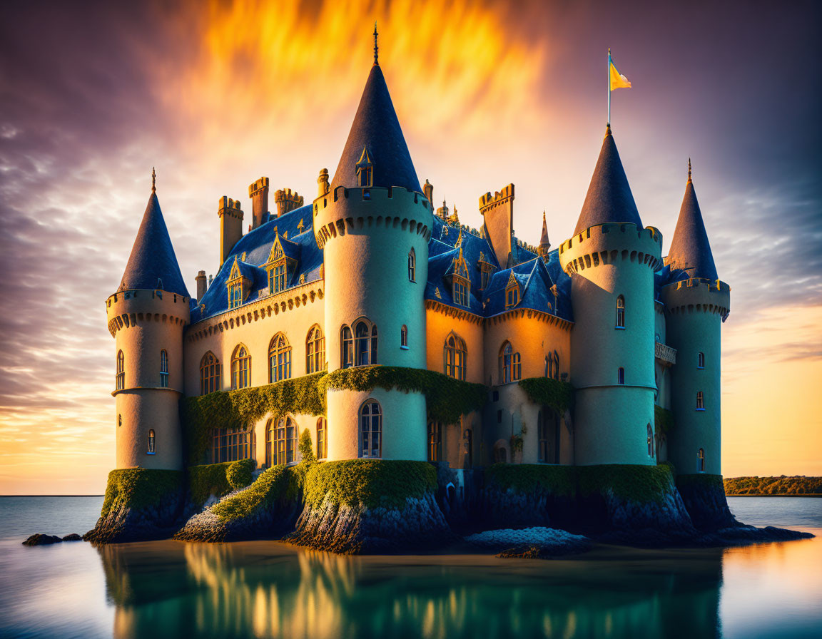 Majestic castle with spires by waterfront at sunset